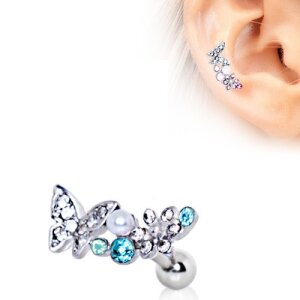 Steel - Barbell - Tragus - Butterfly - Crystal