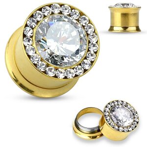 Gold Steel - Tunnel - Crystal - double flared - GEWINDE