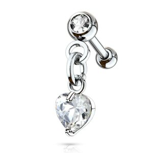 Steel - Barbell - Dangle Heart Zirconia - Tragus