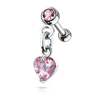 Steel - Barbell - Dangle Heart Zirconia - Tragus