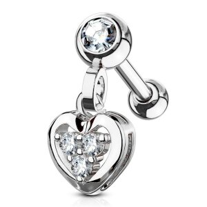 Steel - Barbell - Dangle Heart Crystal - Tragus