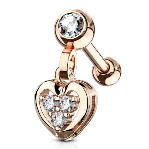 Steel - Barbell - Dangle Heart Crystal - Tragus Rosegold