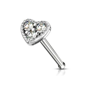 Steel - Nose Stud - Heart - Crystals