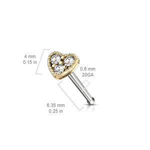 Steel - Nose Stud - Heart - Crystals