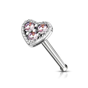 Stahl - Nasenstecker - Herz - Kristalle Pink (PK)