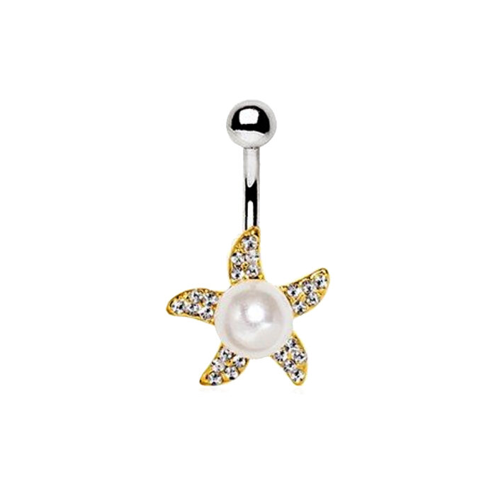 Steel - Banana - Gold Plated Pearl Accent Starfish Navel...