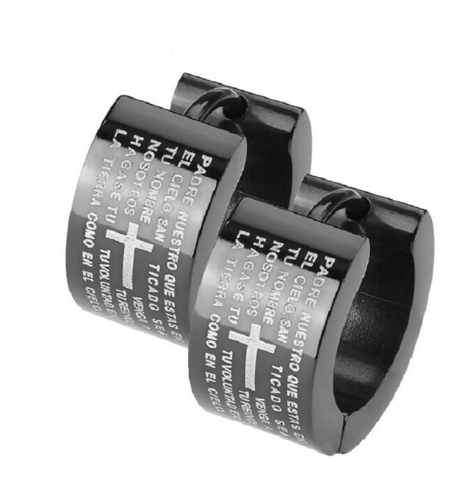 Black Steel - Hinged Hoop Earring - Lord´s Prayer Padre...