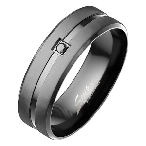 Black Steel - Finger Ring - Glanzstreif mit Kristall 62