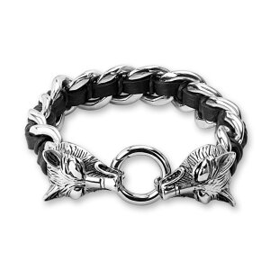 Echtleder - Armband - Wolfsköpfe geflochten