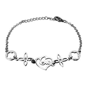 Stainless Steel - Bracelet - Heart and Flower Dangling...