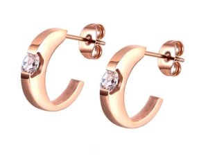 Rosegold Steel - Ear stud -  Half Ring with Crystal