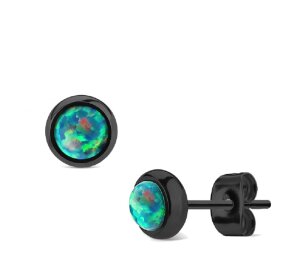 Black Steel - Ear stud -  Opal Gemstone