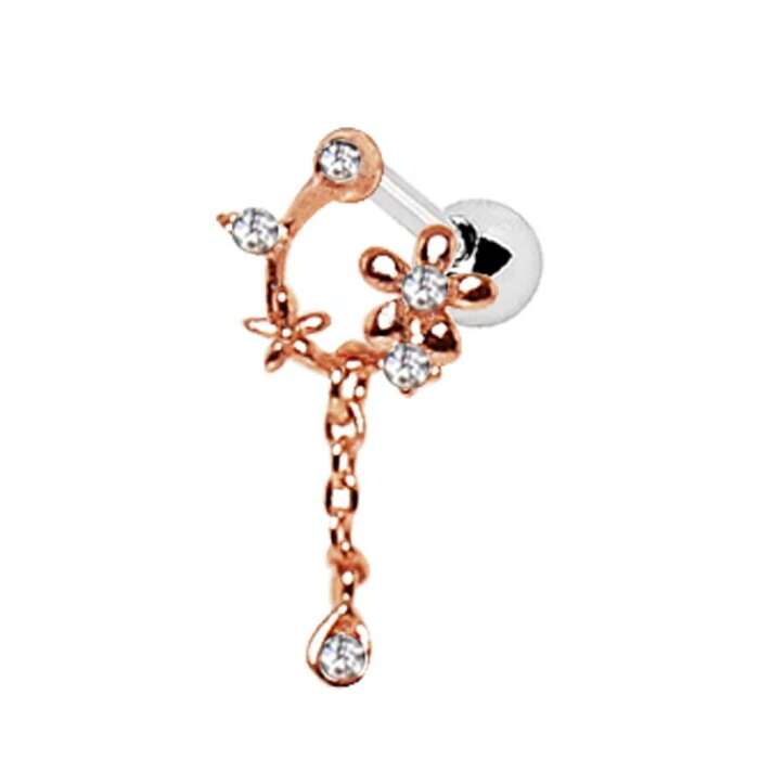 Rosegold Steel - Barbell - Tragus - Floral Vine Dangle -...