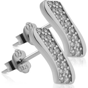 Silver - Ear stud - curved design with zirconia stone -...