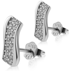 Silver - Ear stud - curved design with zirconia stone - 925 sterling silver