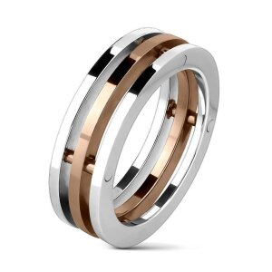 Edelstahl - Finger Ring - 3-reihig Bicolor