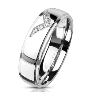 Edelstahl - Finger Ring - Chevron Einkerbung mit Kristall 66