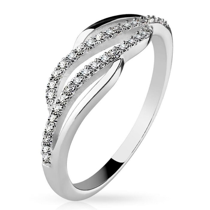Sterling Silver 925 - Finger Ring - Wave Design with Crystal