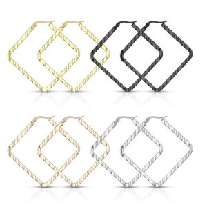 Steel - Large Hoop Earring - Wave Pattern Square Diamond...