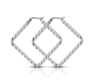 Steel - Large Hoop Earring - Wave Pattern Square Diamond...