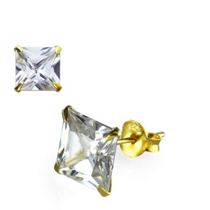 Sterling Silver 925 - Studs - Crystal Square and 18K Gold