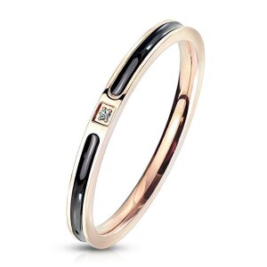 Rosegold Steel - Finger Ring - Schwarzer Streifen und...