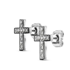 Stahl - Ohrstecker - Kreuz mit Kristallen