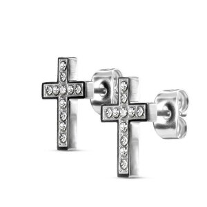 Steel - Ear stud -  Cross with Crystals