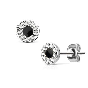 Steel - Ear stud -  Round Crystals with Black Center Silver