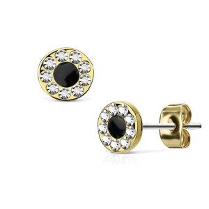 Steel - Ear stud -  Round Crystals with Black Center Gold
