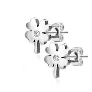 Steel - Ear stud -  Shamrock with Crystal