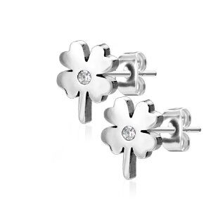 Stahl - Ohrstecker - Kleeblatt mit Kristall Silber