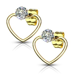 Steel - Ear stud -  Heart Bow - Crystal Gold