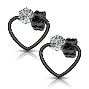 Steel - Ear stud -  Heart Bow - Crystal Black