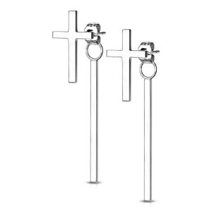 Steel - Ear stud -  Cross with Dangling Bar  Silver