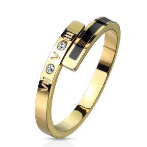 Gold Steel - Finger Ring - Römische Ziffern mit schwarzen Streifen und Kristallen 62