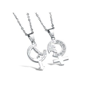 Stainless steel - necklace - Couple Set of gender symbols with rose decor and crystals