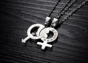 Stainless steel - necklace - Couple Set of gender symbols with rose decor and crystals