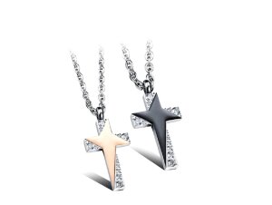 Stainless steel - necklace - cross with colored star and...