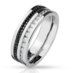 Edelstahl - Finger Ring - Kristallstreif und schwarze...