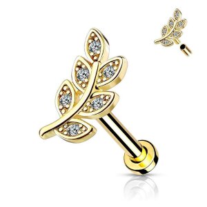 Steel - Labret - Crystal Leaf - Internally Threaded Gold...