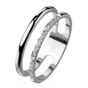 Edelstahl - Doppel Finger Ring - Kristallstreif