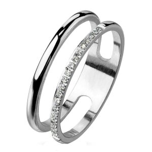 Stainless steel - double finger ring - crystal strip