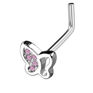Steel - Nose Stud - Butterfly - Crystals Pink