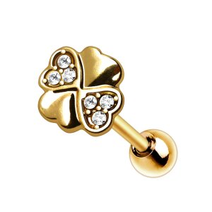 Gold Steel - Barbell - Tragus - Clover with Crystal