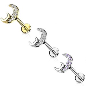 Steel - Labret - Crescent Moon with crystal