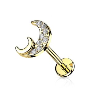 Stahl - Labret - Halbmond mit Kristall Gold Steel 1,2 x 8...