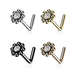 Steel - Nose Stud - Flower ball rim with crystal