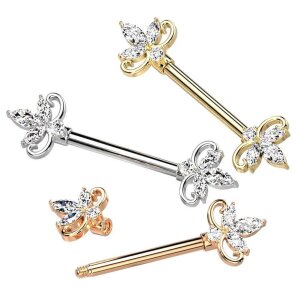 Steel - Nipple Bar - Double Heart 3 Marquise CZ