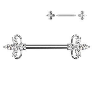 Steel - Nipple Bar - Double Heart 3 Marquise CZ